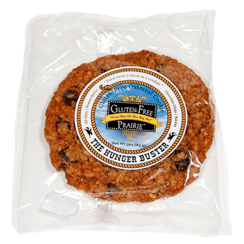 Gluten-free oatmeal cookie in clear packaging.