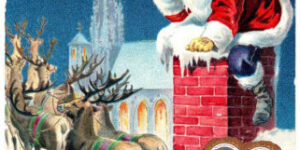Santa on chimney with reindeer and sleigh.