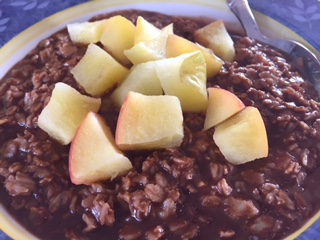 Bowl of chocolate oatmeal with apple chunks.