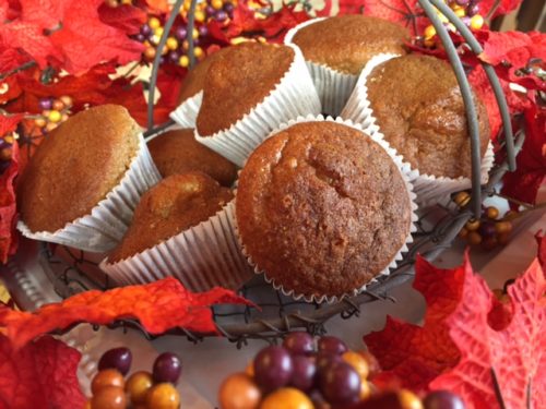 Basket of muffins with autumn leaves decoration.