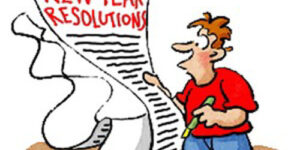 Cartoon person holding New Year resolutions list.