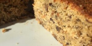 Close-up of a sliced banana bread.