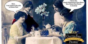 Vintage illustration of women enjoying gluten-free cake.