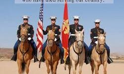Four mounted soldiers salute honoring fallen service members.