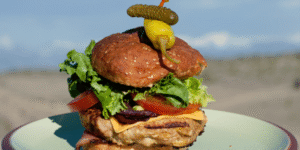 A gourmet burger with lettuce, tomato, and a pickle on top.