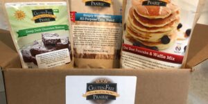 Three baking mixes and a recipe card from Grandma's Kitchen.