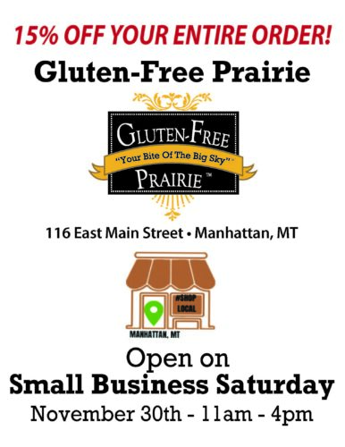 QR code with Gluten-Free Prairie logo and 'Scan Me' prompt.